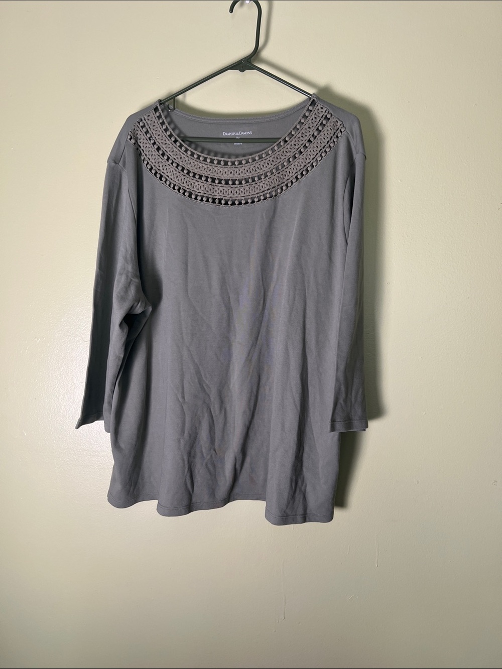 Drapers&Damons  Gray Long Sleeve Top with Crochet Yoke